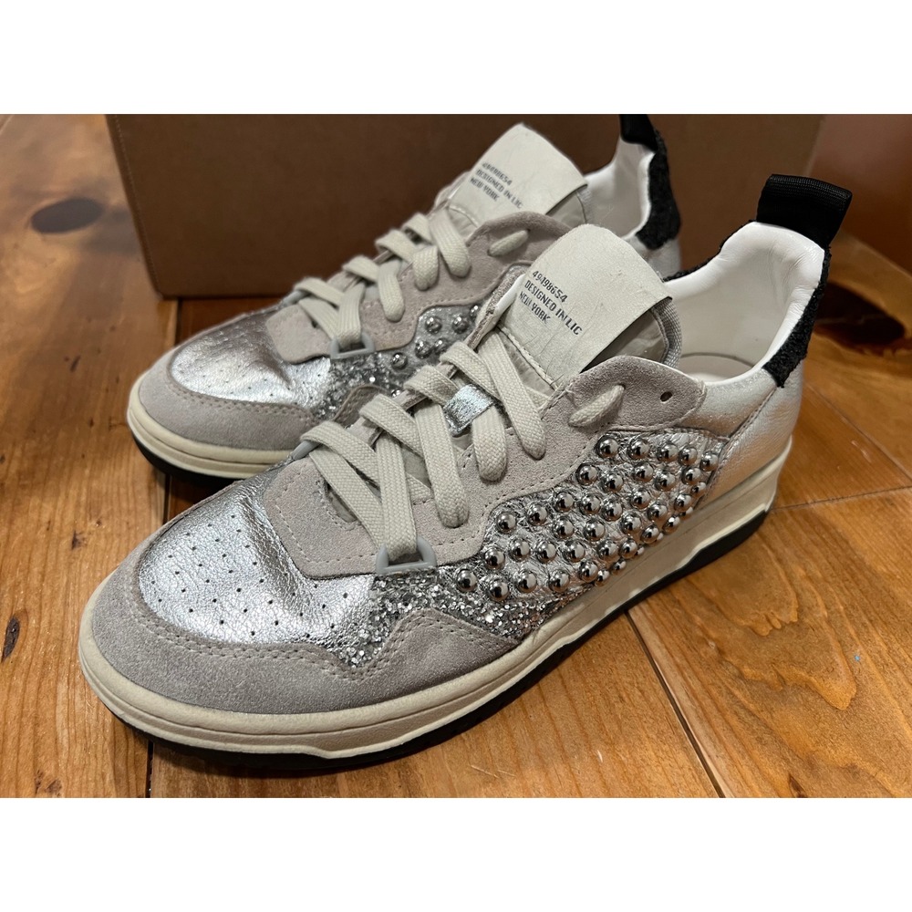 Steve Madden Silver Metallic Studded Suede Sneakers Black Glitter Heel Low Top